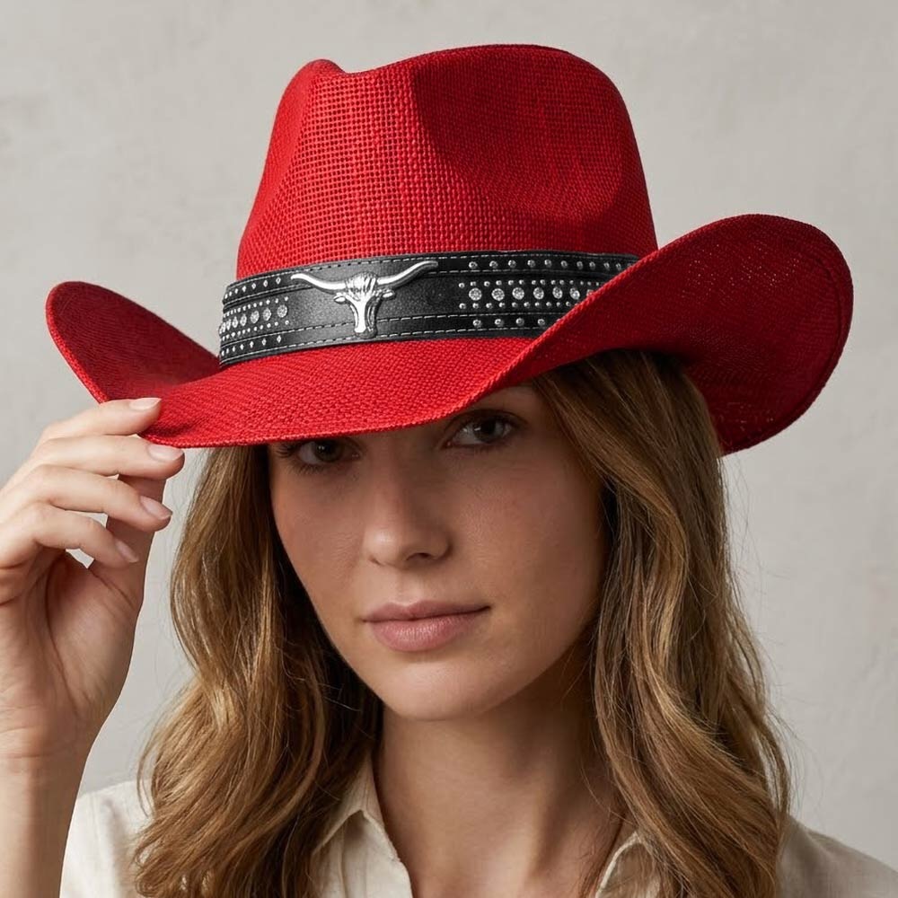 Red Steer Head Accent Studded Faux Leather Band Western Straw Cowboy Hat